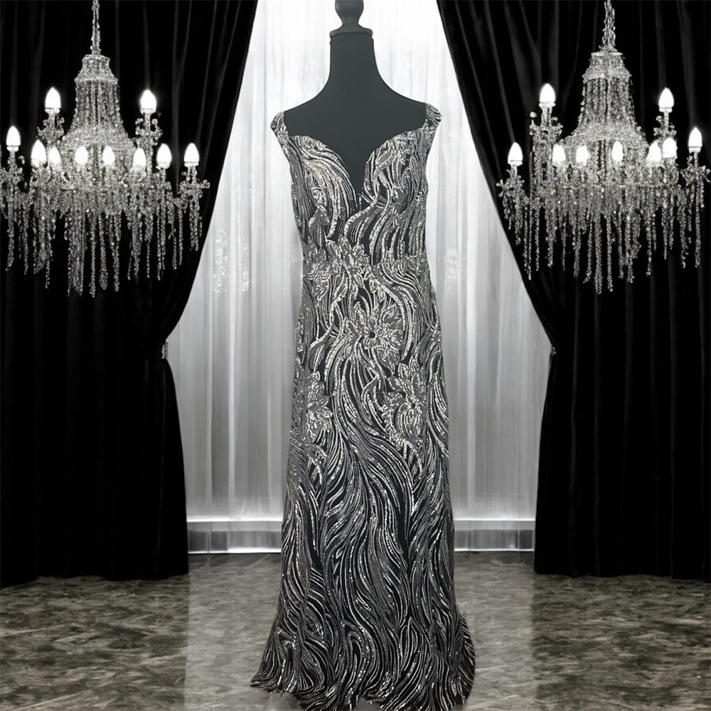 Elegant Black and Silver Sequin Evening Dress Off shoulder